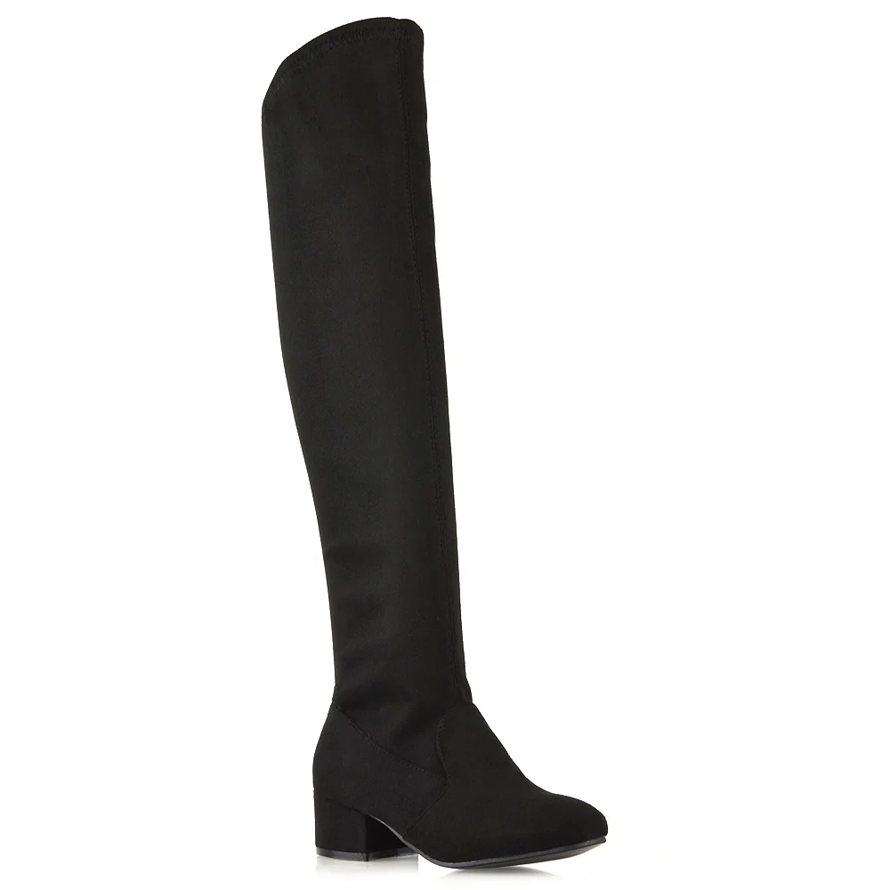 Jules Stretchy Over The Knee Thigh High Low Block Heel Boots in Brown Faux Suede - Image 11