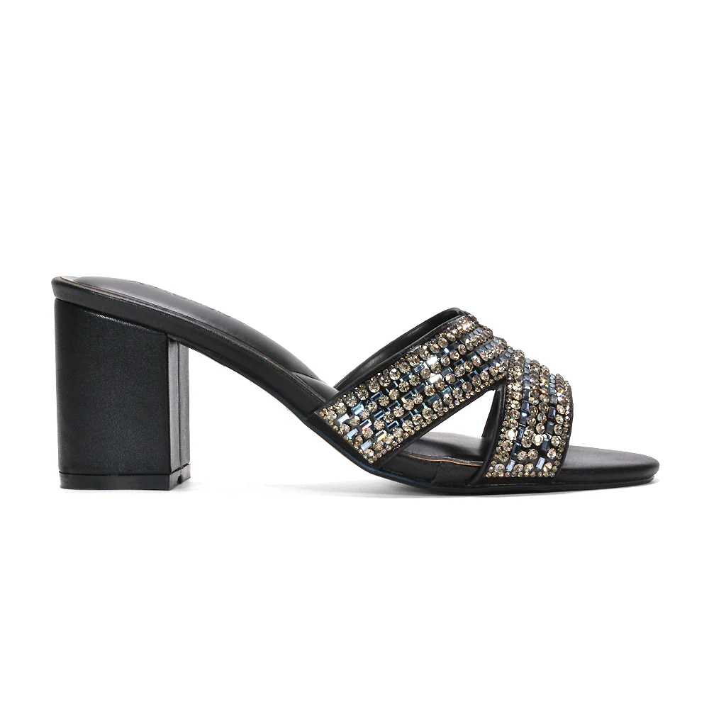 Julia Sparkly Diamante Strappy Mid Block Heeled Sandal Mules in Silver Metallic - Image 19