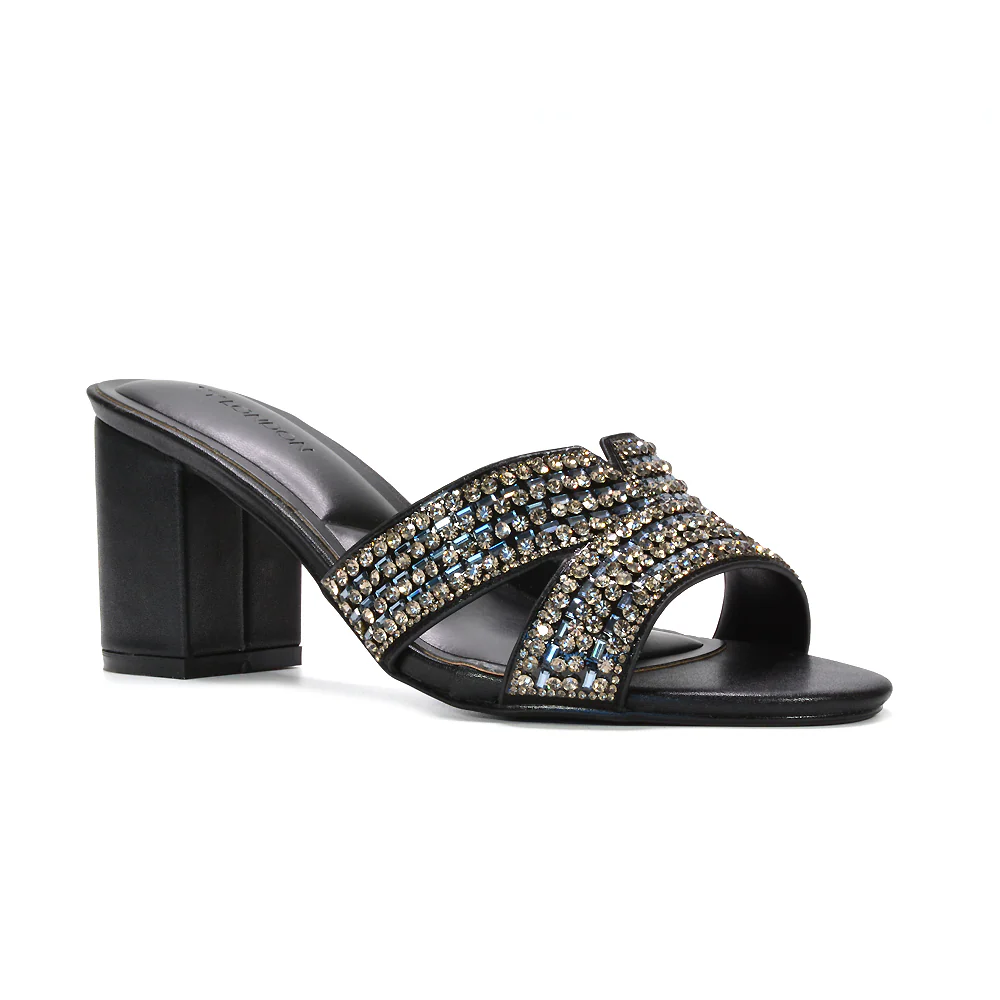 Julia Sparkly Diamante Strappy Mid Block Heeled Sandal Mules in Silver Metallic - Image 20