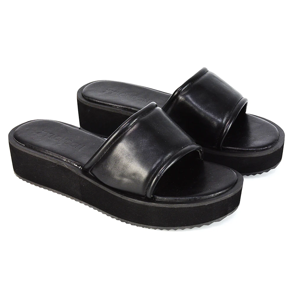 Julian Cleated Sole Slip on Flatform Sandal Slippers in Black Synthetic Leather - Image 5