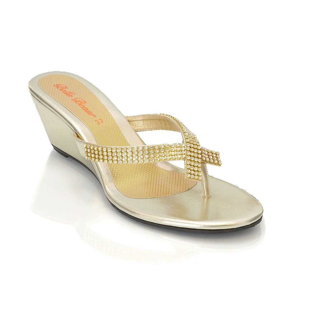 JULIETTA TOE POST SPARKLY DIAMANTE CROSS OVER STRAP SLIP ON WEDGE HEEL SANDALS IN GOLD - Image 15