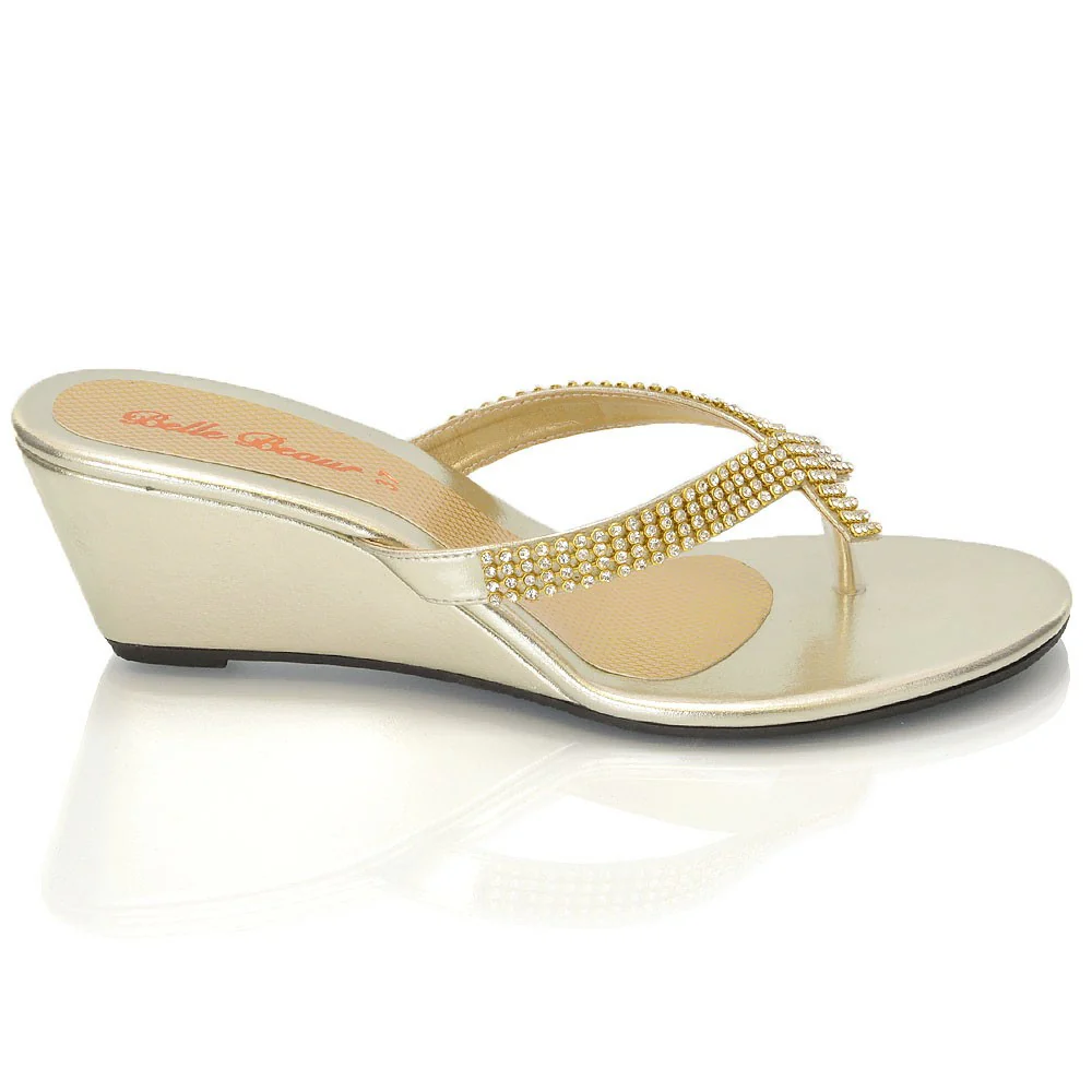 JULIETTA TOE POST SPARKLY DIAMANTE CROSS OVER STRAP SLIP ON WEDGE HEEL SANDALS IN GOLD - Image 19