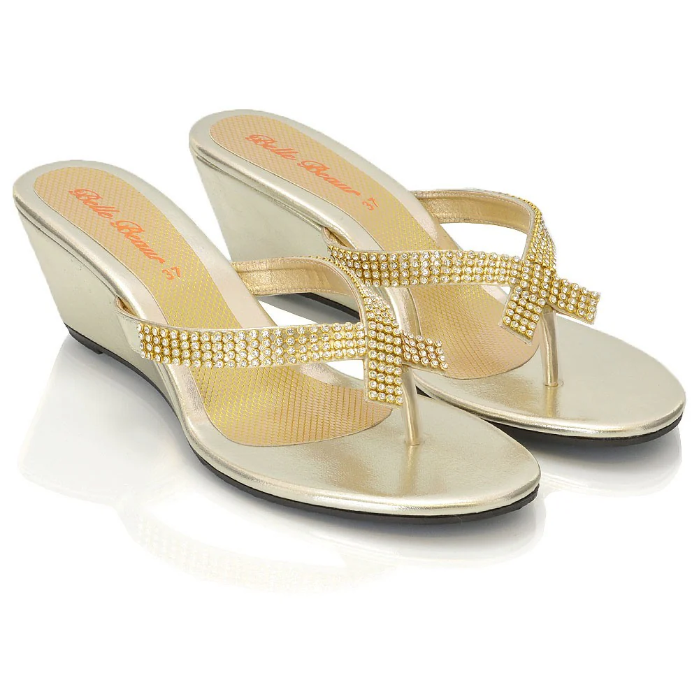 JULIETTA TOE POST SPARKLY DIAMANTE CROSS OVER STRAP SLIP ON WEDGE HEEL SANDALS IN GOLD - Image 20