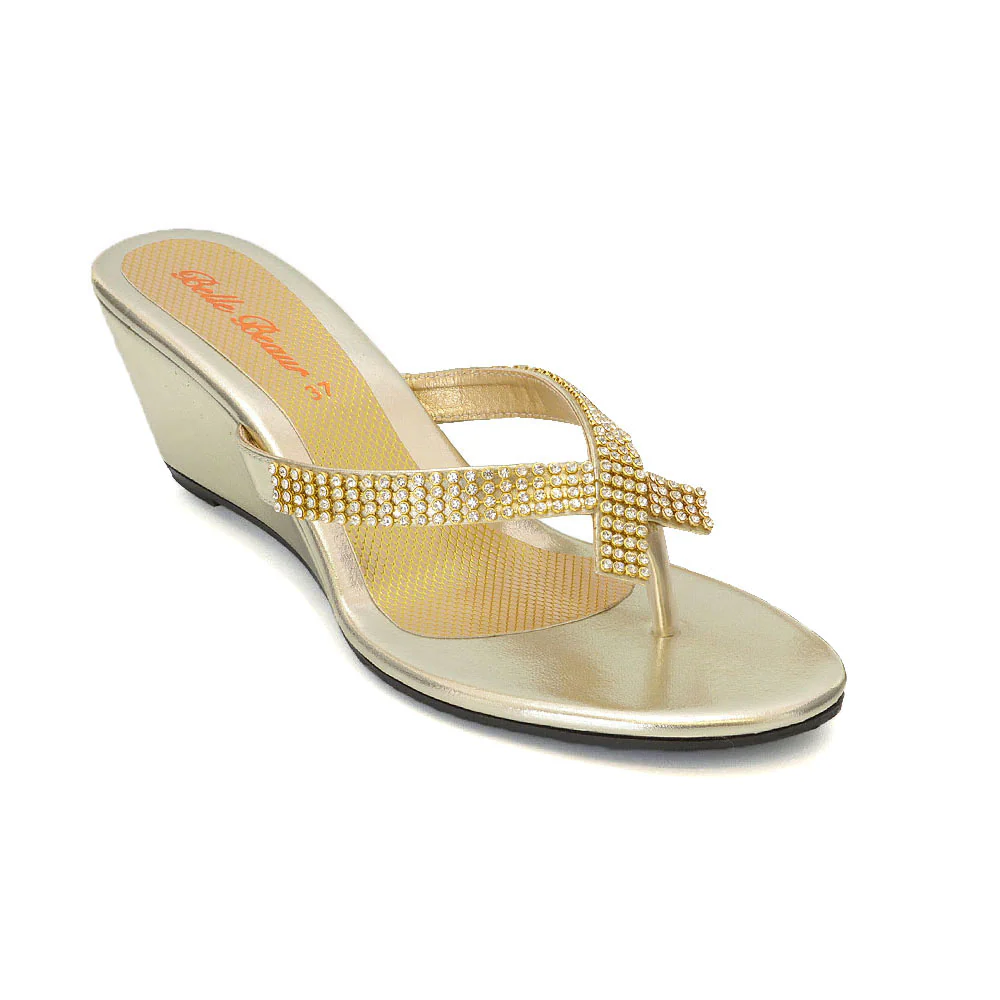 JULIETTA TOE POST SPARKLY DIAMANTE CROSS OVER STRAP SLIP ON WEDGE HEEL SANDALS IN GOLD - Image 25