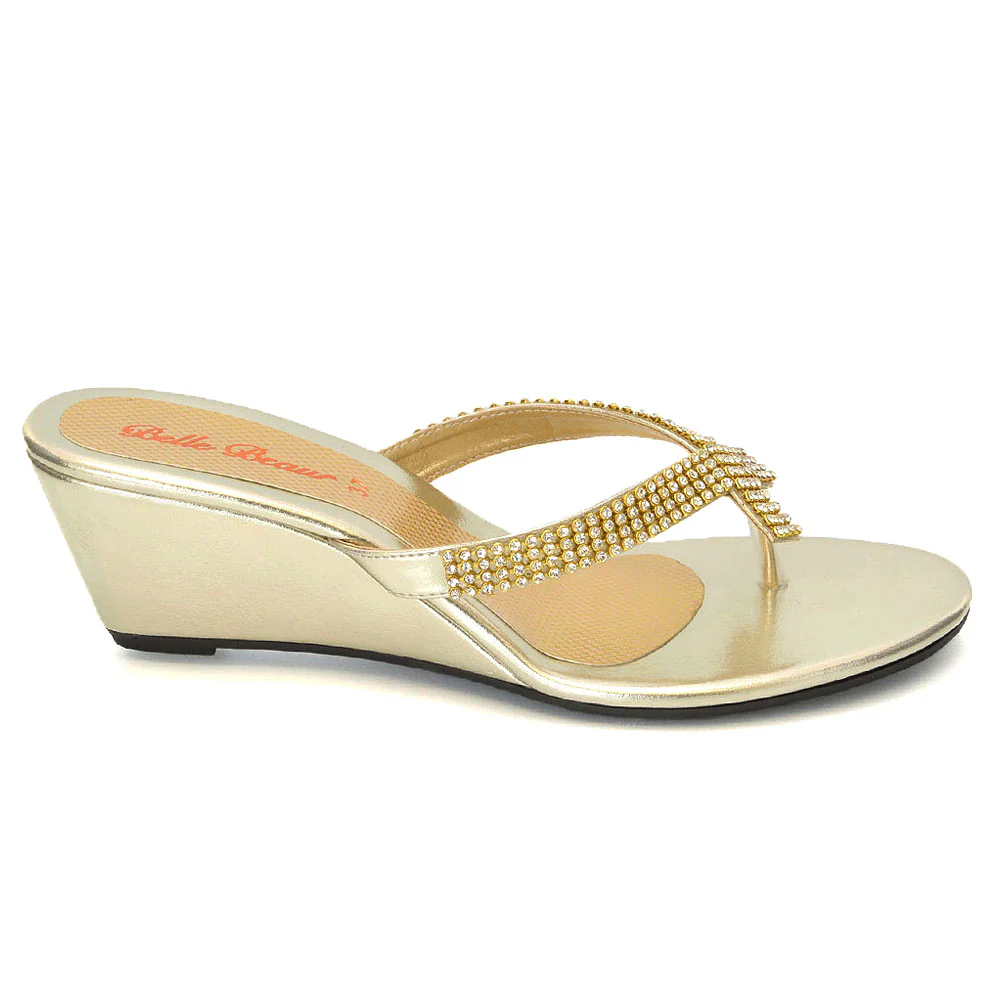 JULIETTA TOE POST SPARKLY DIAMANTE CROSS OVER STRAP SLIP ON WEDGE HEEL SANDALS IN GOLD - Image 26