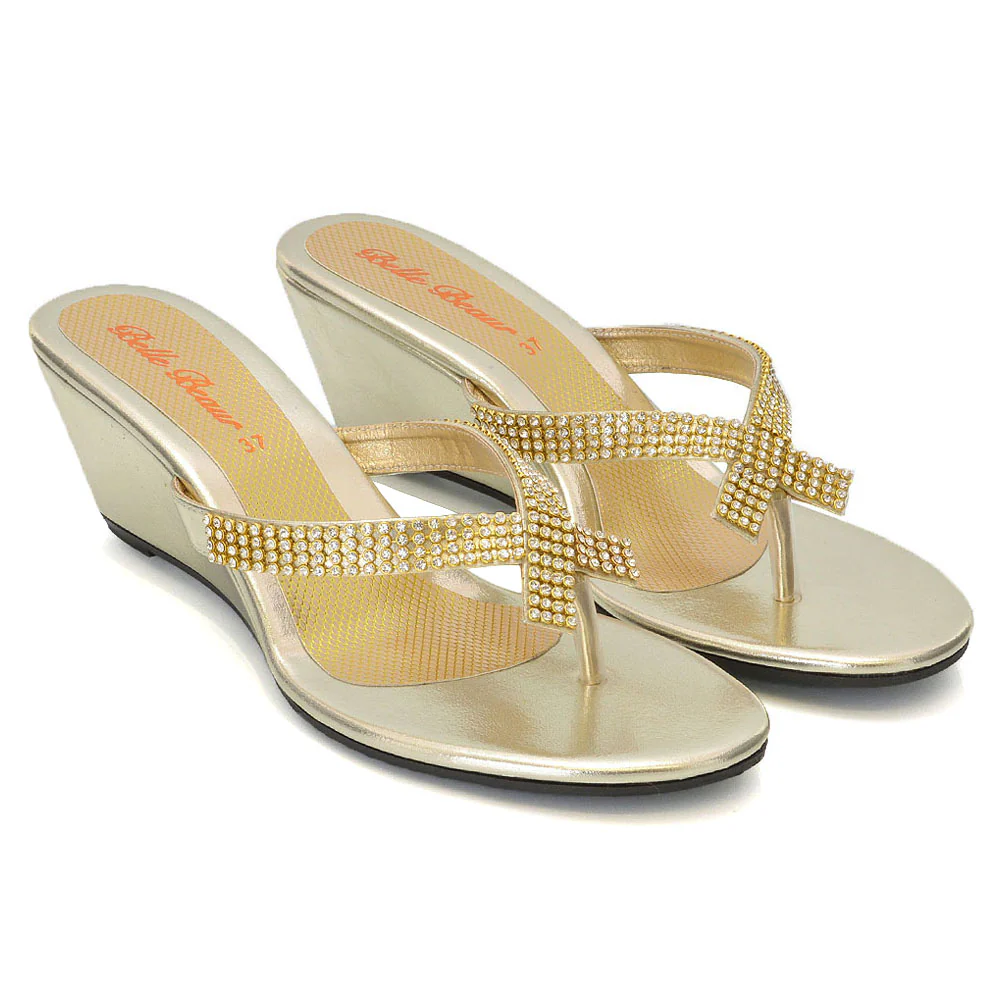 JULIETTA TOE POST SPARKLY DIAMANTE CROSS OVER STRAP SLIP ON WEDGE HEEL SANDALS IN GOLD - Image 27