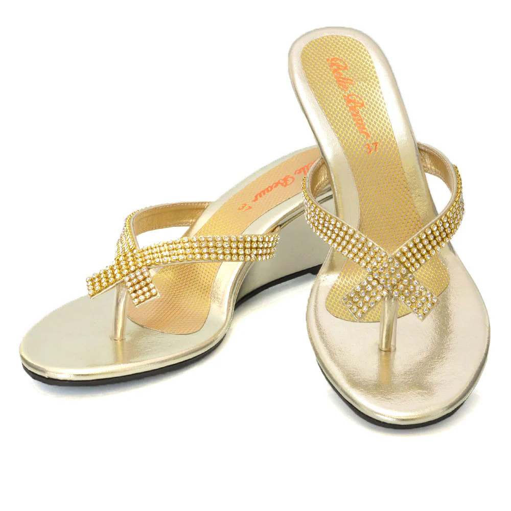 JULIETTA TOE POST SPARKLY DIAMANTE CROSS OVER STRAP SLIP ON WEDGE HEEL SANDALS IN GOLD - Image 28