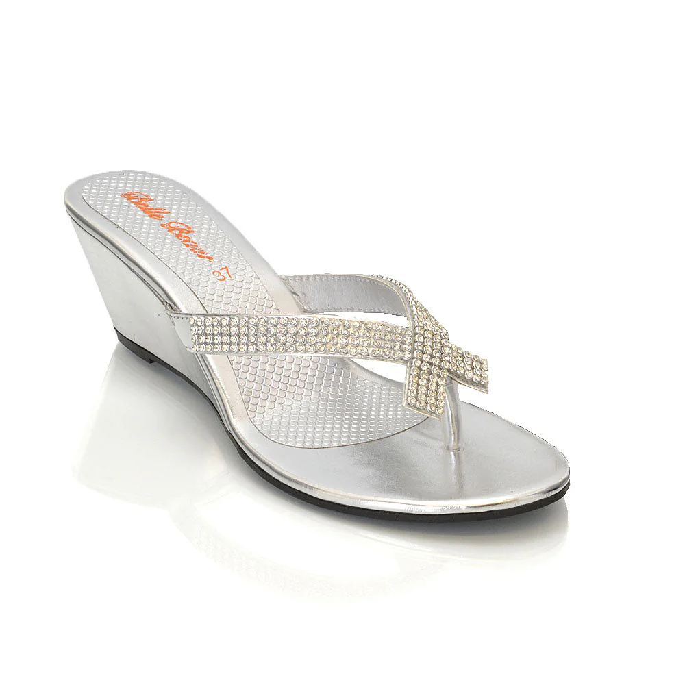JULIETTA TOE POST SPARKLY DIAMANTE CROSS OVER STRAP SLIP ON WEDGE HEEL SANDALS IN GOLD - Image 29