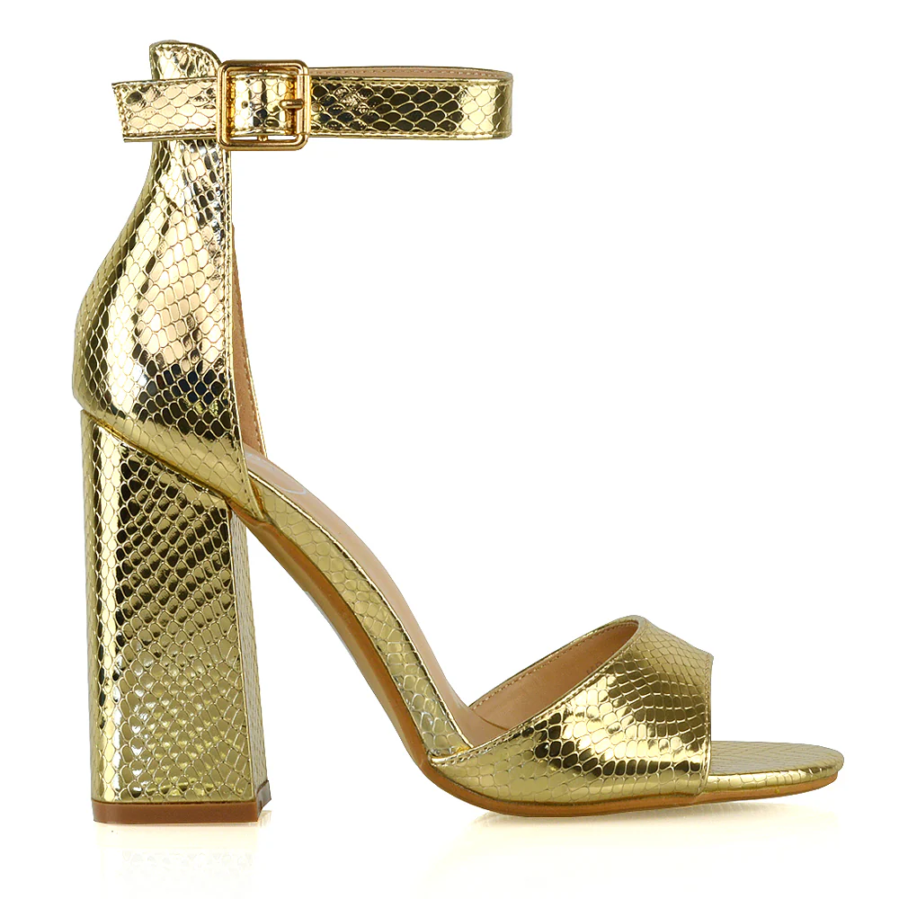 June Barely There Thick Buckle Ankle Strap Block Heel Sandals in Gold Snake - Image 2