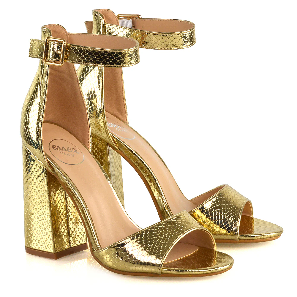June Barely There Thick Buckle Ankle Strap Block Heel Sandals in Gold Snake - Image 3
