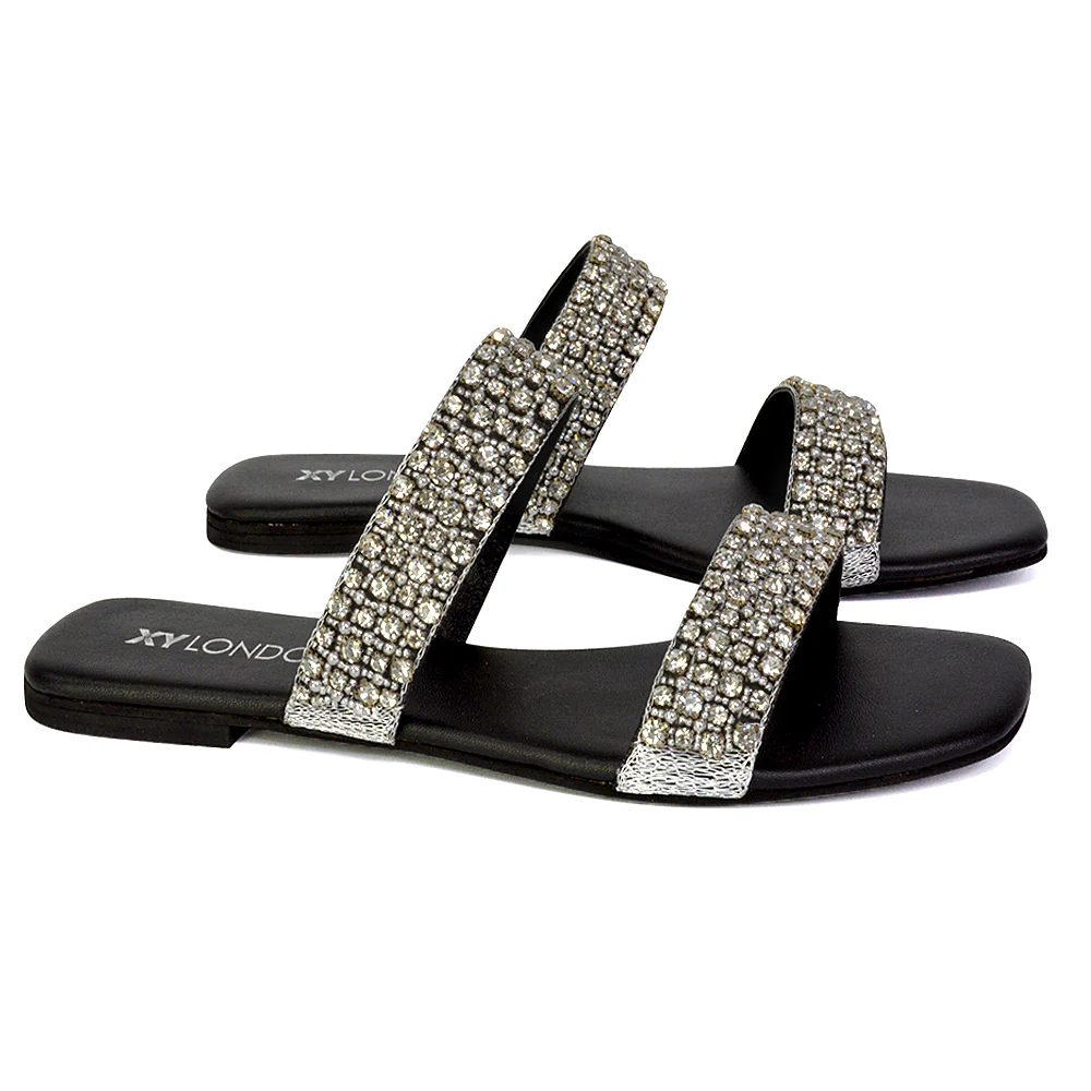 Justina Sparkly Embellished Square Toe Double Strappy Flat Diamante Sandals in Black - Image 101