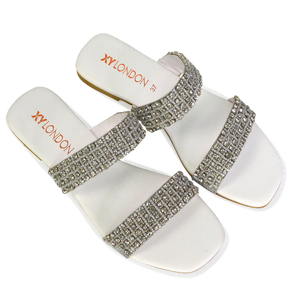 Justina Sparkly Embellished Square Toe Double Strappy Flat Diamante Sandals in Black - Image 16