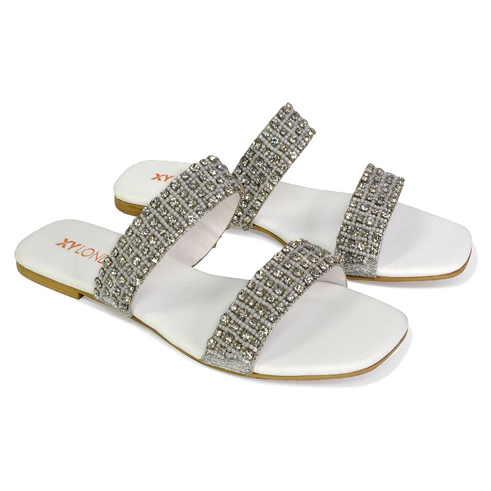 Justina Sparkly Embellished Square Toe Double Strappy Flat Diamante Sandals in Black - Image 27