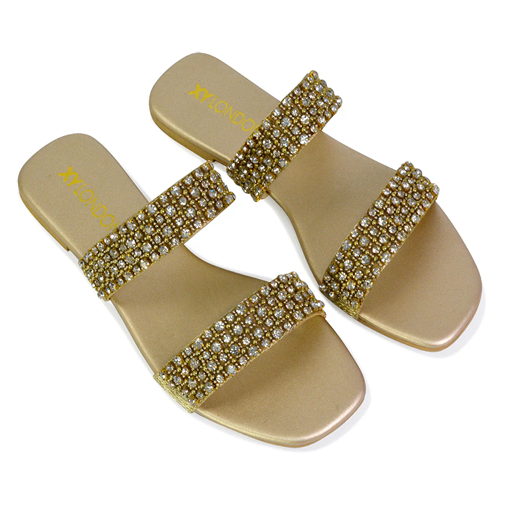 Justina Sparkly Embellished Square Toe Double Strappy Flat Diamante Sandals in Black - Image 88