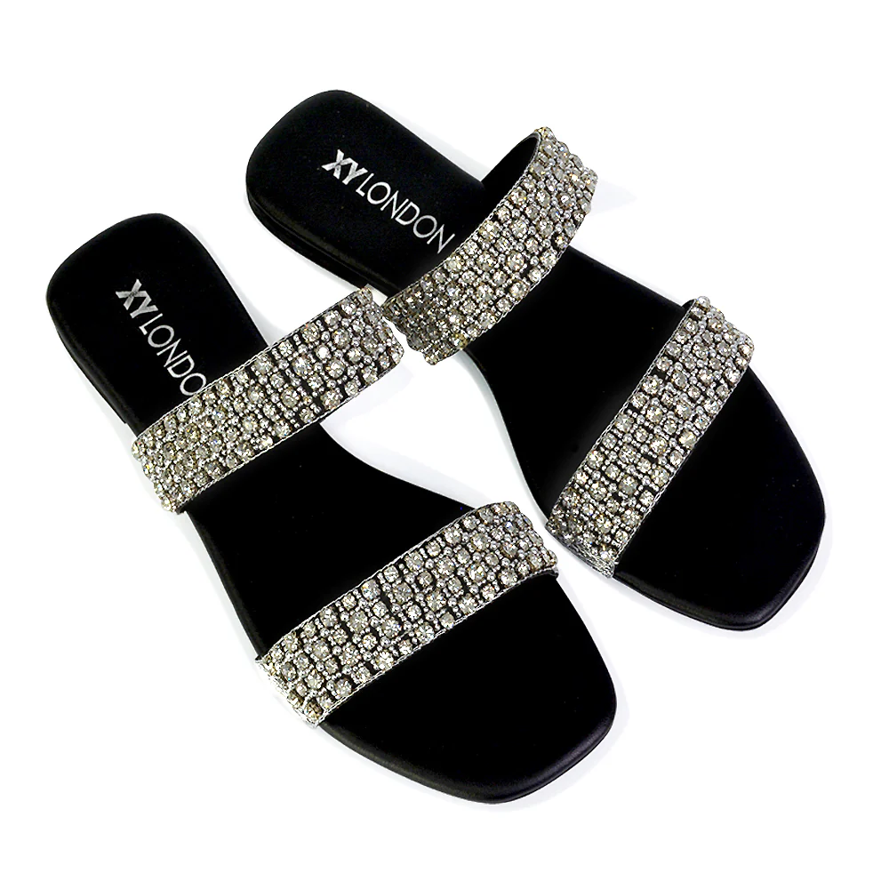 Justina Sparkly Embellished Square Toe Double Strappy Flat Diamante Sandals in Gold - Image 116