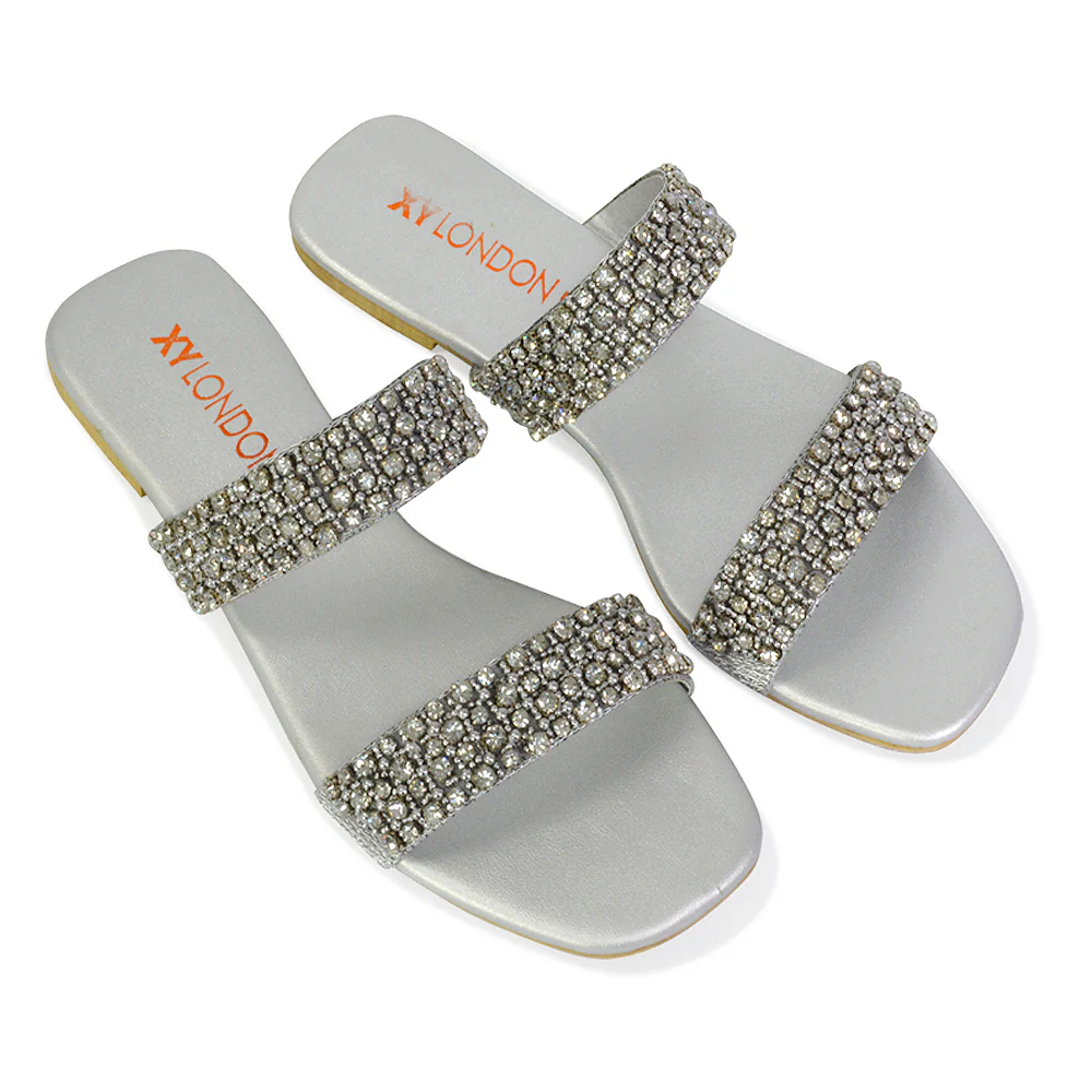 Justina Sparkly Embellished Square Toe Double Strappy Flat Diamante Sandals in Gold - Image 60