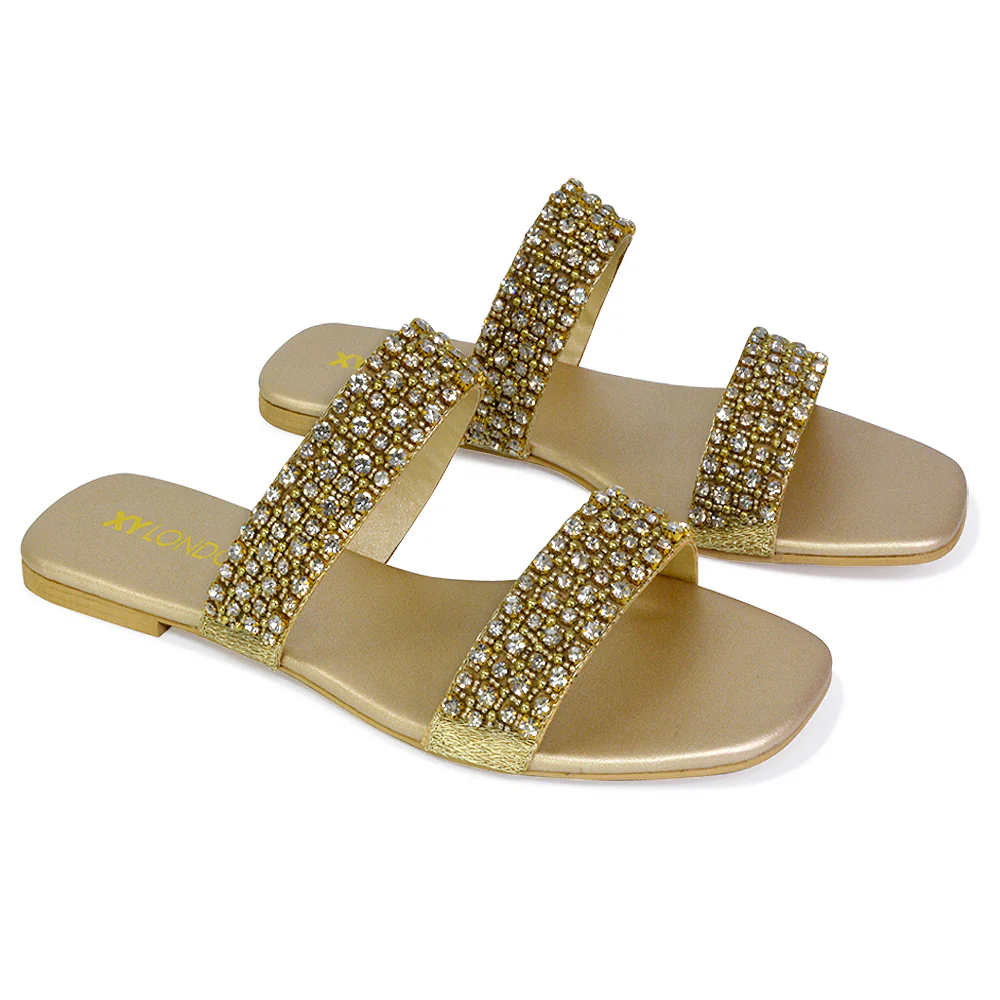 Justina Sparkly Embellished Square Toe Double Strappy Flat Diamante Sandals in Gold - Image 99