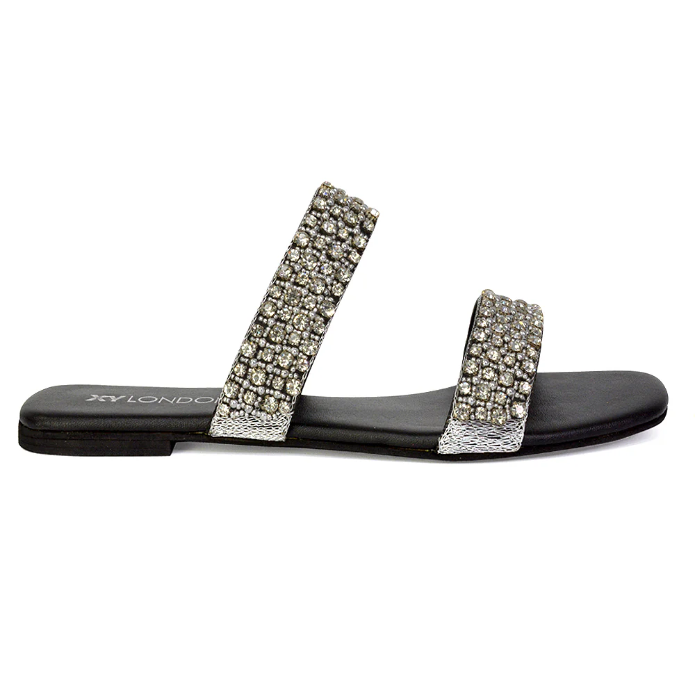 Justina Sparkly Embellished Square Toe Double Strappy Flat Diamante Sandals in Orange - Image 106