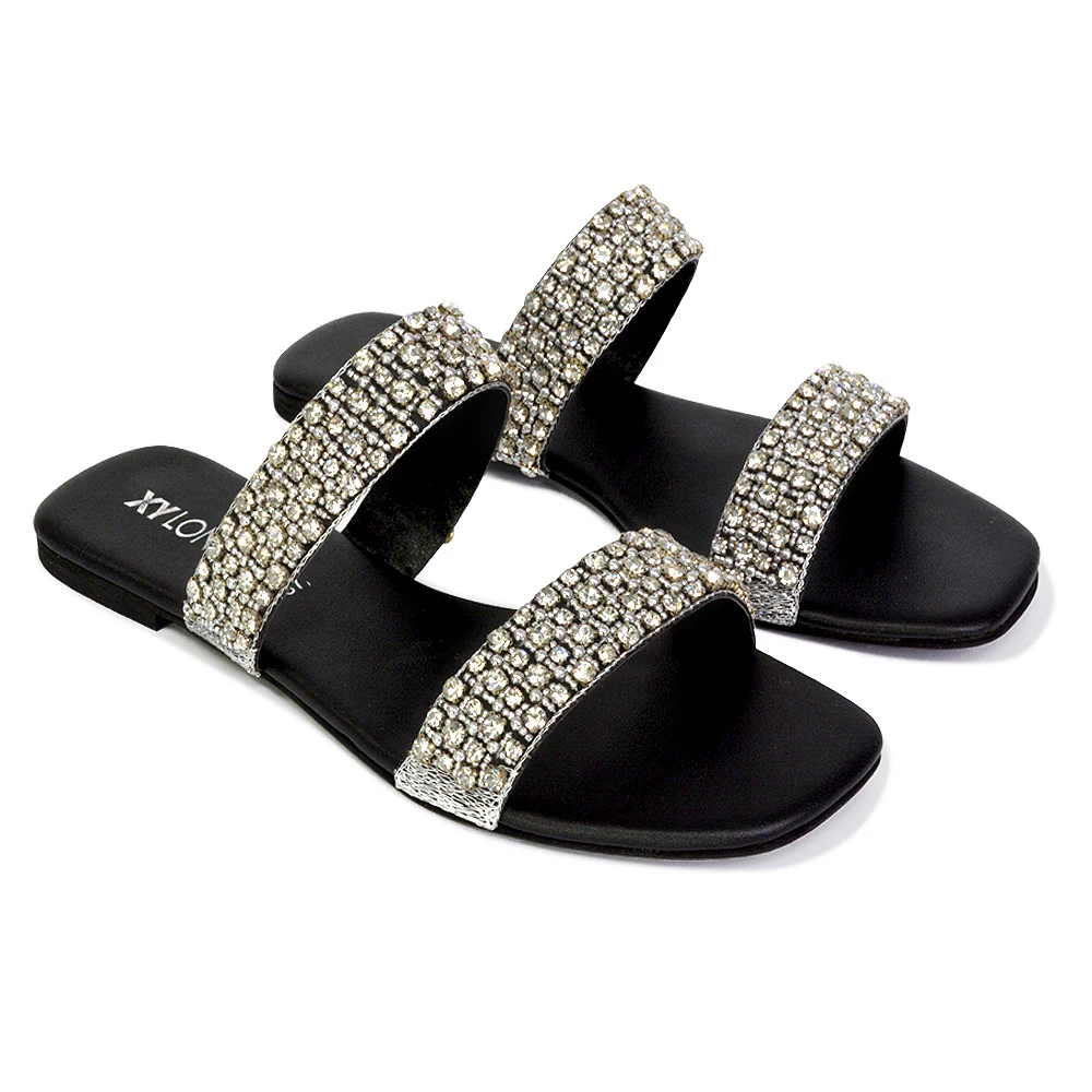 Justina Sparkly Embellished Square Toe Double Strappy Flat Diamante Sandals in Orange - Image 111