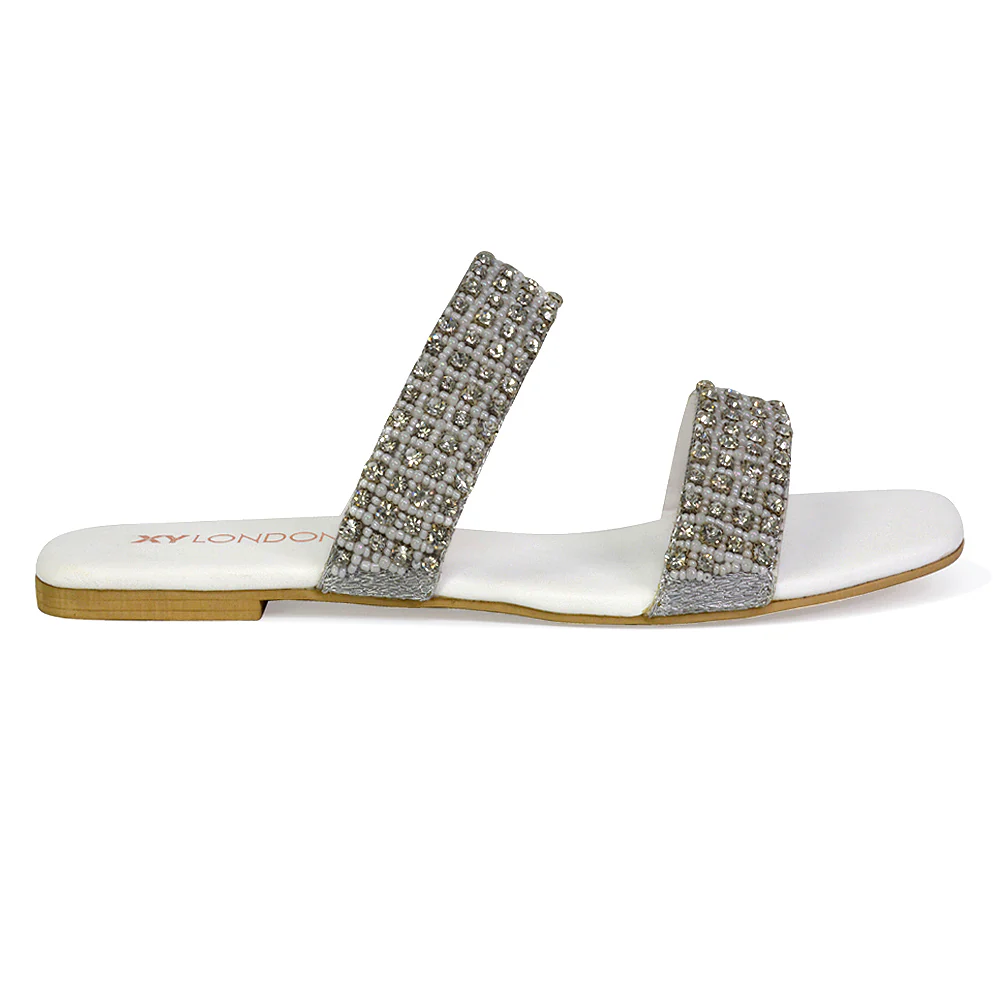Justina Sparkly Embellished Square Toe Double Strappy Flat Diamante Sandals in Orange - Image 26