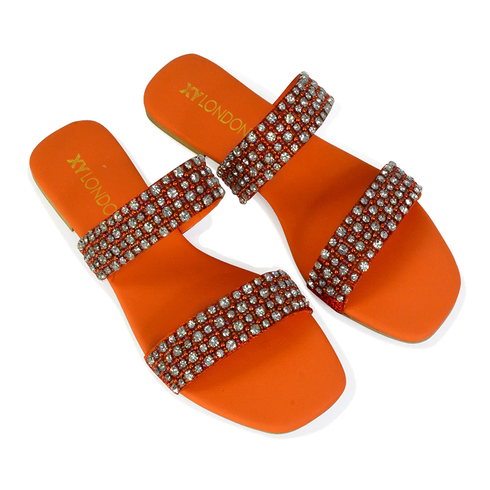 Justina Sparkly Embellished Square Toe Double Strappy Flat Diamante Sandals in Orange - Image 32