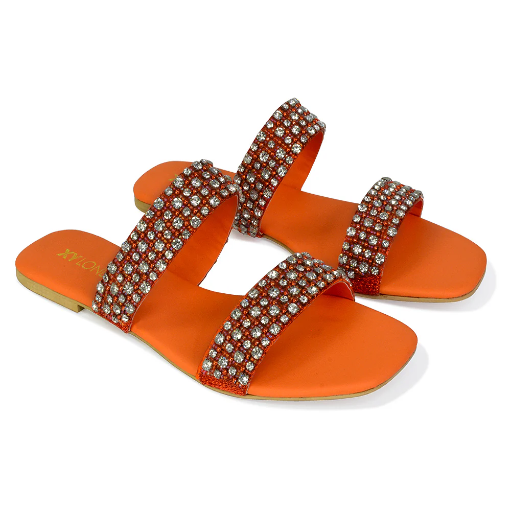 Justina Sparkly Embellished Square Toe Double Strappy Flat Diamante Sandals in Orange - Image 35