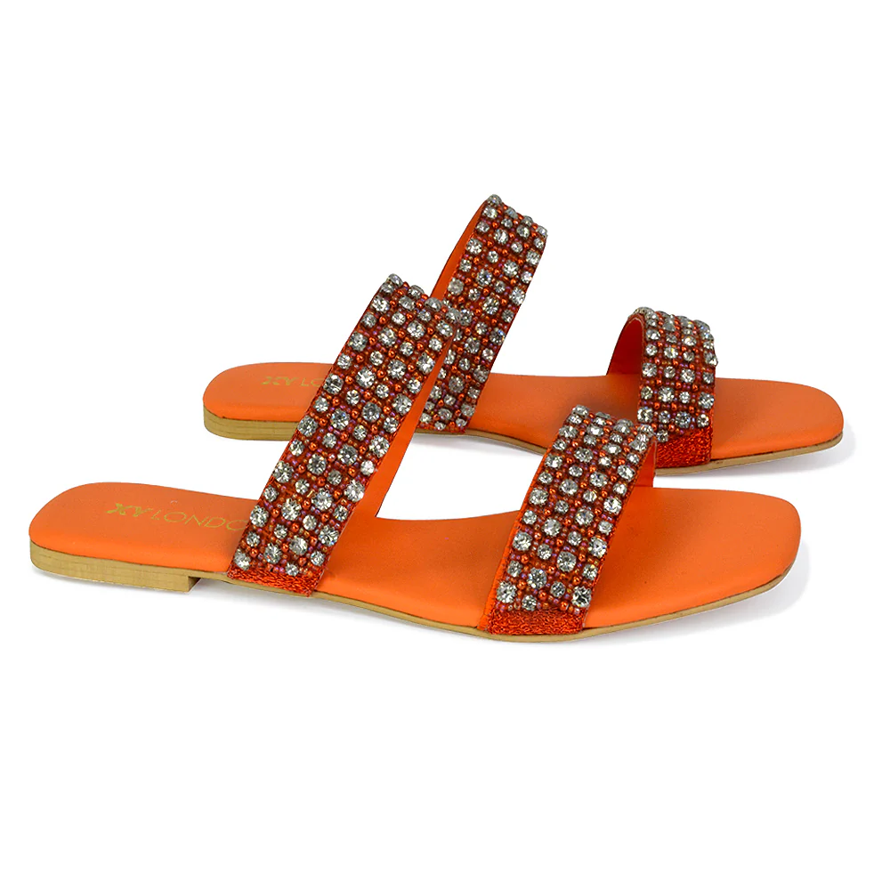 Justina Sparkly Embellished Square Toe Double Strappy Flat Diamante Sandals in Orange - Image 41