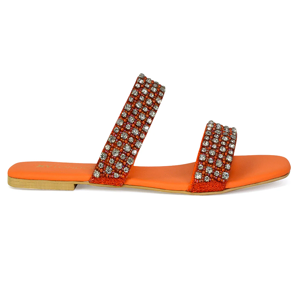 Justina Sparkly Embellished Square Toe Double Strappy Flat Diamante Sandals in Orange - Image 46
