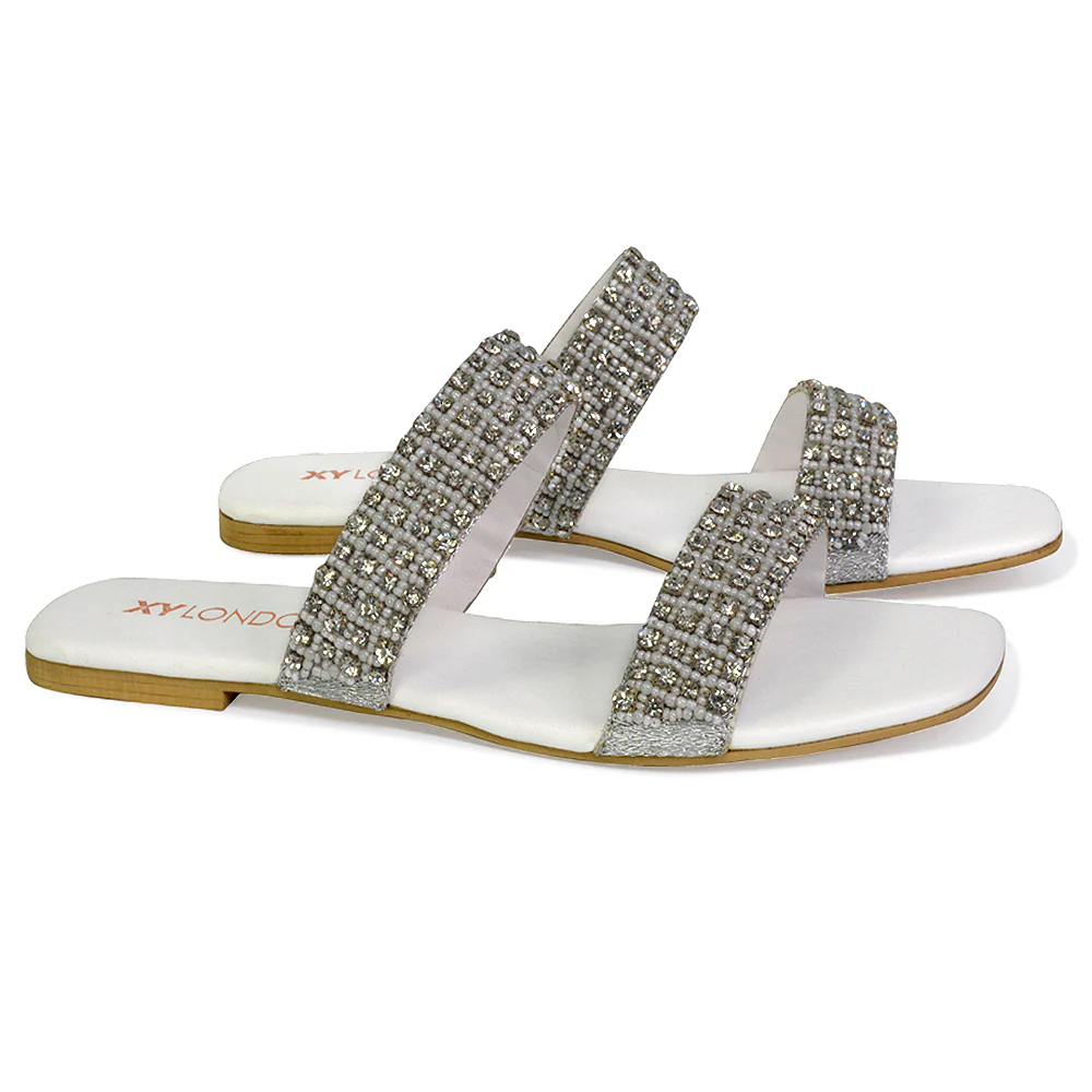 Justina Sparkly Embellished Square Toe Double Strappy Flat Diamante Sandals in Orange - Image 5