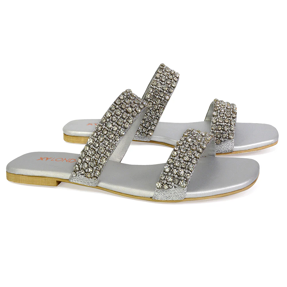 Justina Sparkly Embellished Square Toe Double Strappy Flat Diamante Sandals in Orange - Image 57