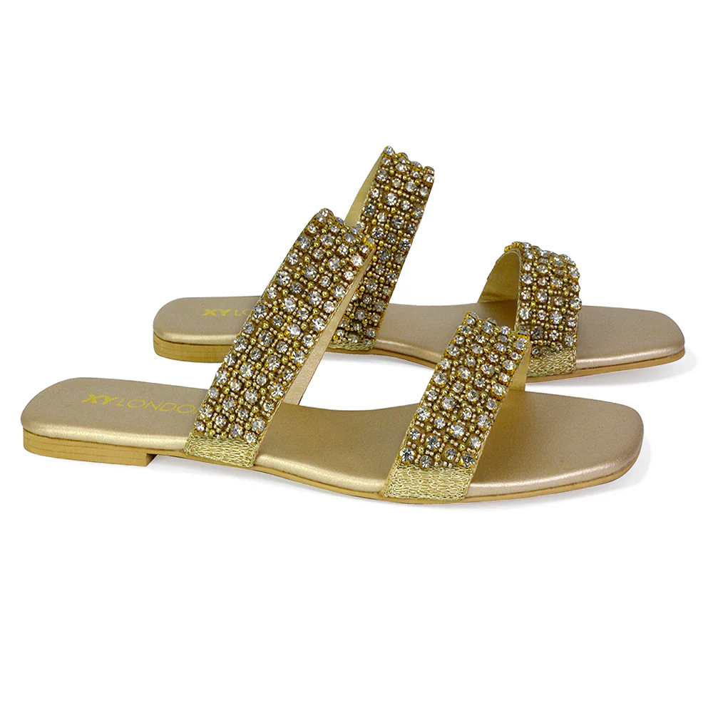 Justina Sparkly Embellished Square Toe Double Strappy Flat Diamante Sandals in Orange - Image 77