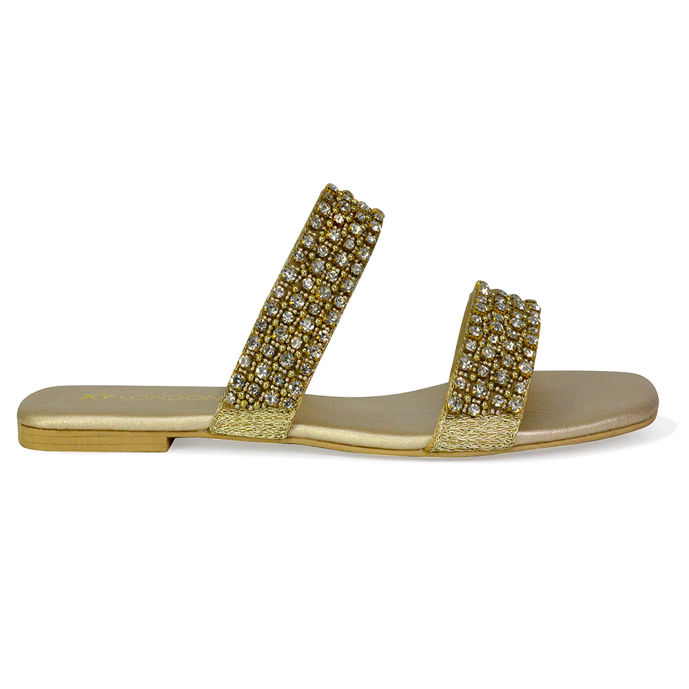 Justina Sparkly Embellished Square Toe Double Strappy Flat Diamante Sandals in Orange - Image 78