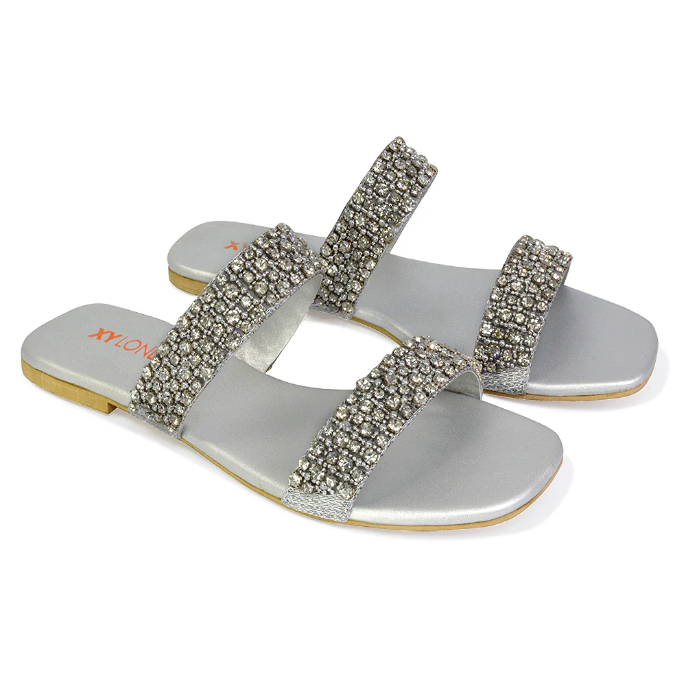 Justina Sparkly Embellished Square Toe Double Strappy Flat Diamante Sandals in Silver - Image 75