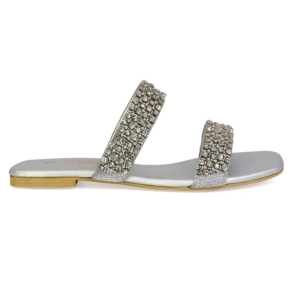 Justina Sparkly Embellished Square Toe Double Strappy Flat Diamante Sandals in White - Image 74