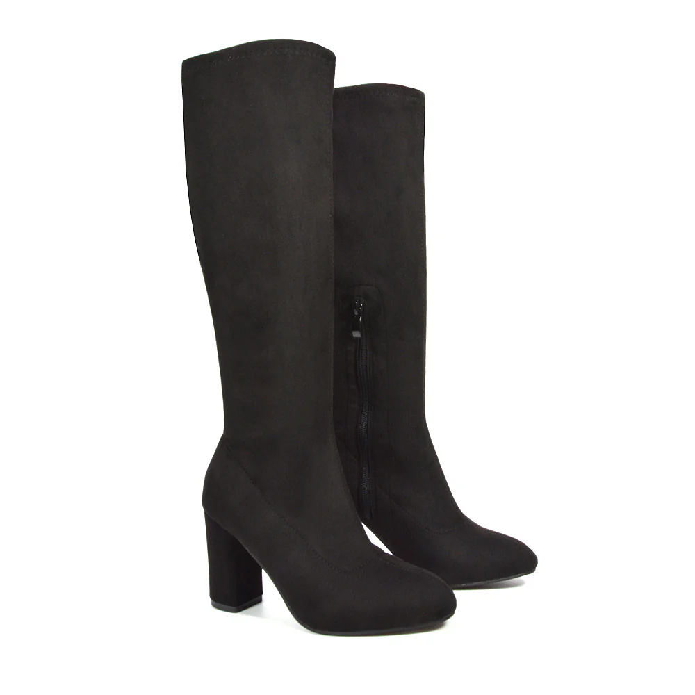 Justine Block Heeled Knee High Boots With Inside Zip in Brown Faux Suede - Image 11