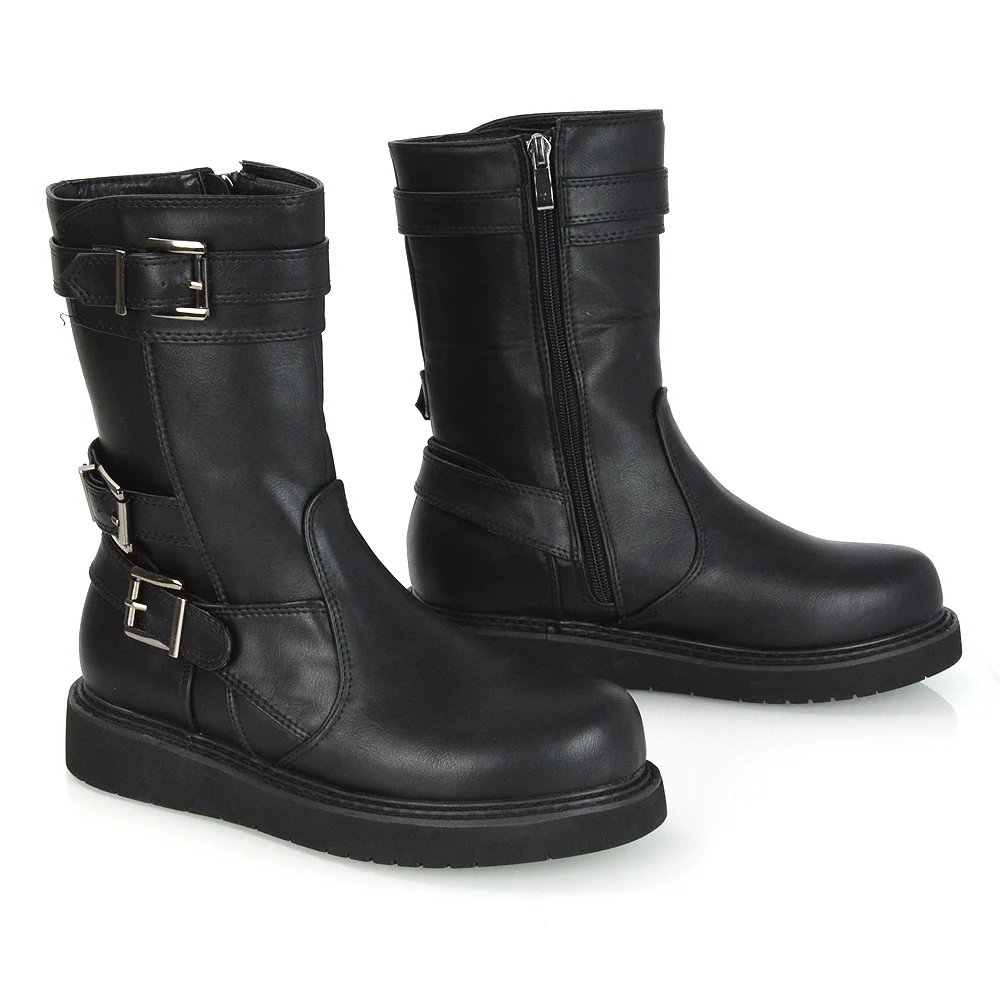 Kady Buckle Detail Flat Low Platform Zip up Biker Ankle Boots in Black Faux Suede - Image 21