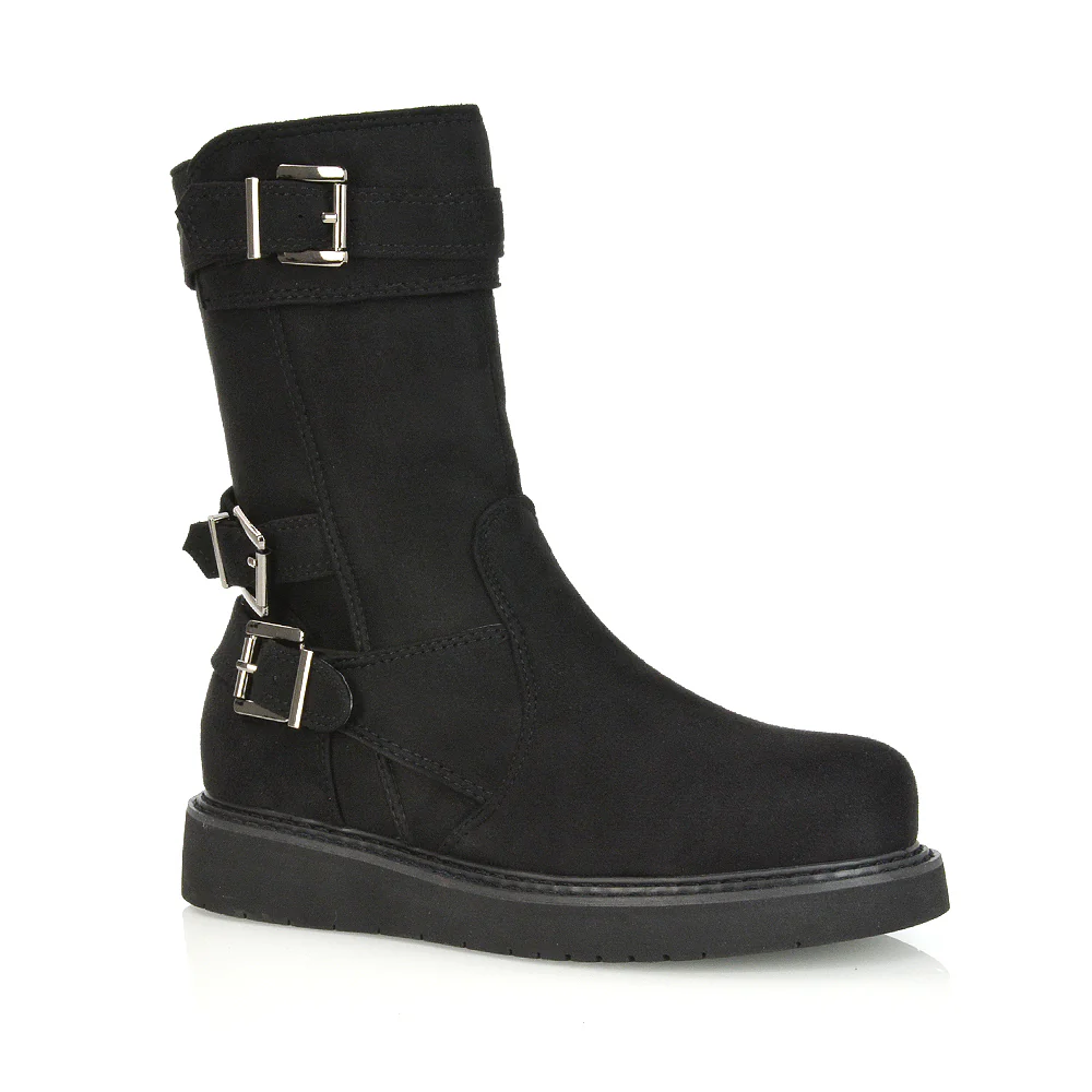 Kady Buckle Detail Flat Low Platform Zip up Biker Ankle Boots in Black Faux Suede - Image 42