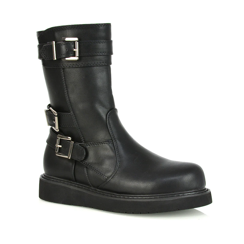 Kady Buckle Detail Flat Low Platform Zip up Biker Ankle Boots in Black Faux Suede - Image 7