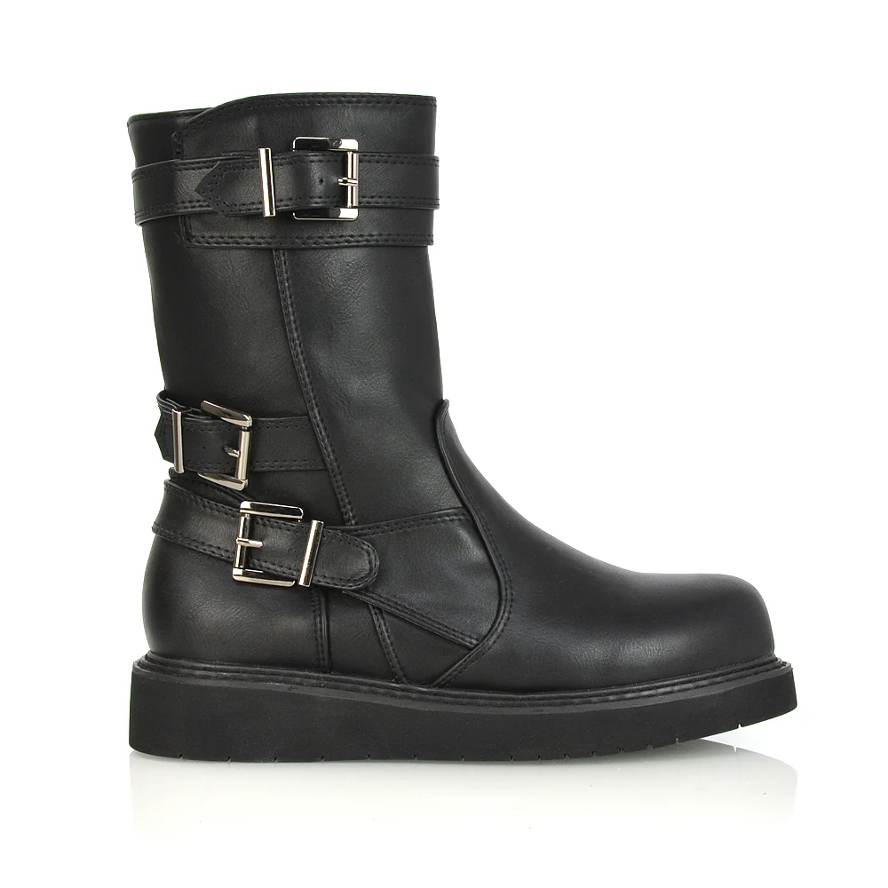 Kady Buckle Detail Flat Low Platform Zip up Biker Ankle Boots in Black Faux Suede - Image 8