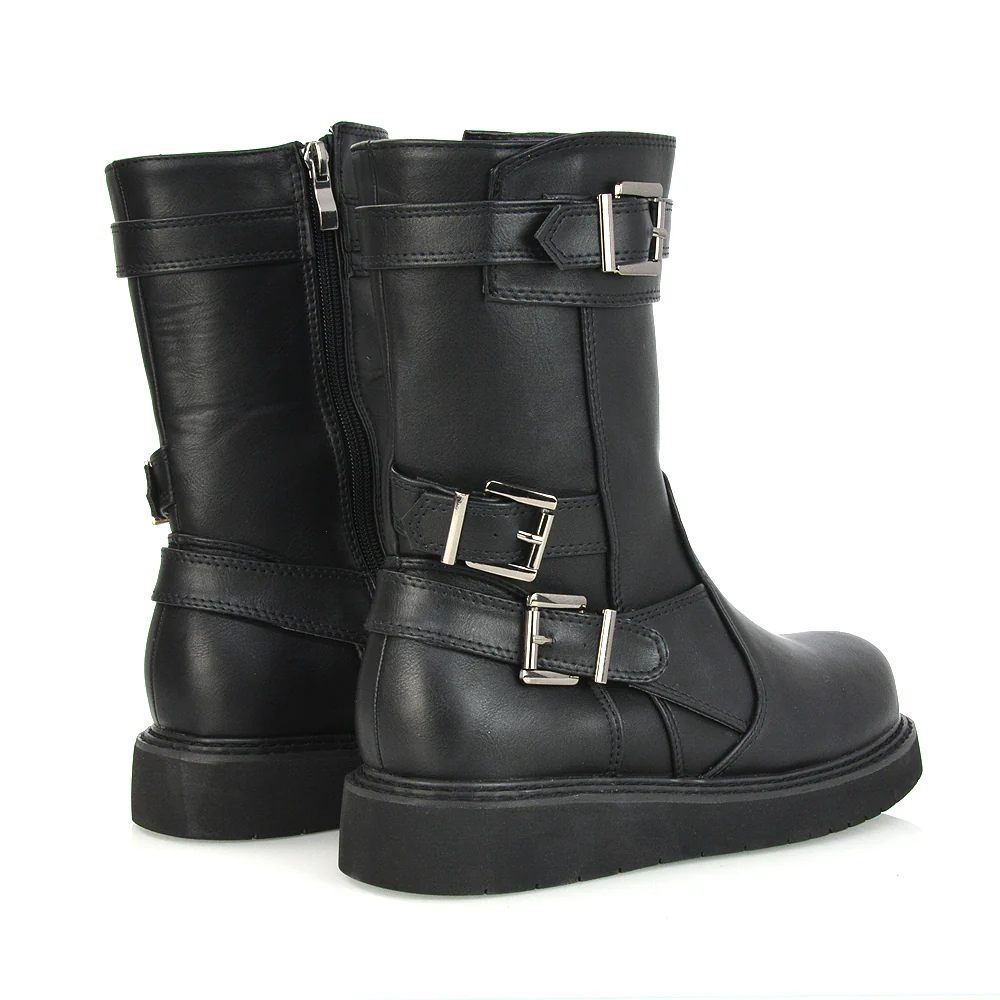 Kady Buckle Detail Flat Low Platform Zip up Biker Ankle Boots in Black Synthetic Leather - Image 21