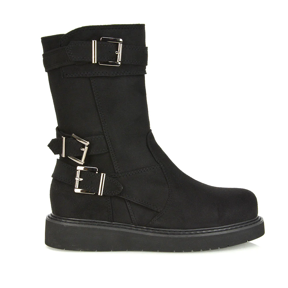 Kady Buckle Detail Flat Low Platform Zip up Biker Ankle Boots in Black Synthetic Leather - Image 64