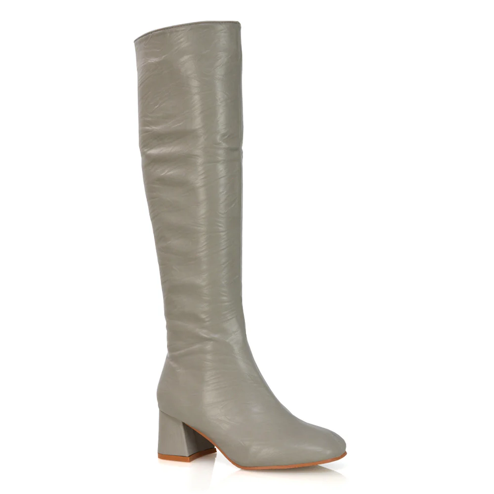 Kaia Flared Block High Heel Below The Knee High Boots With Heel in Black Synthetic Leather - Image 102