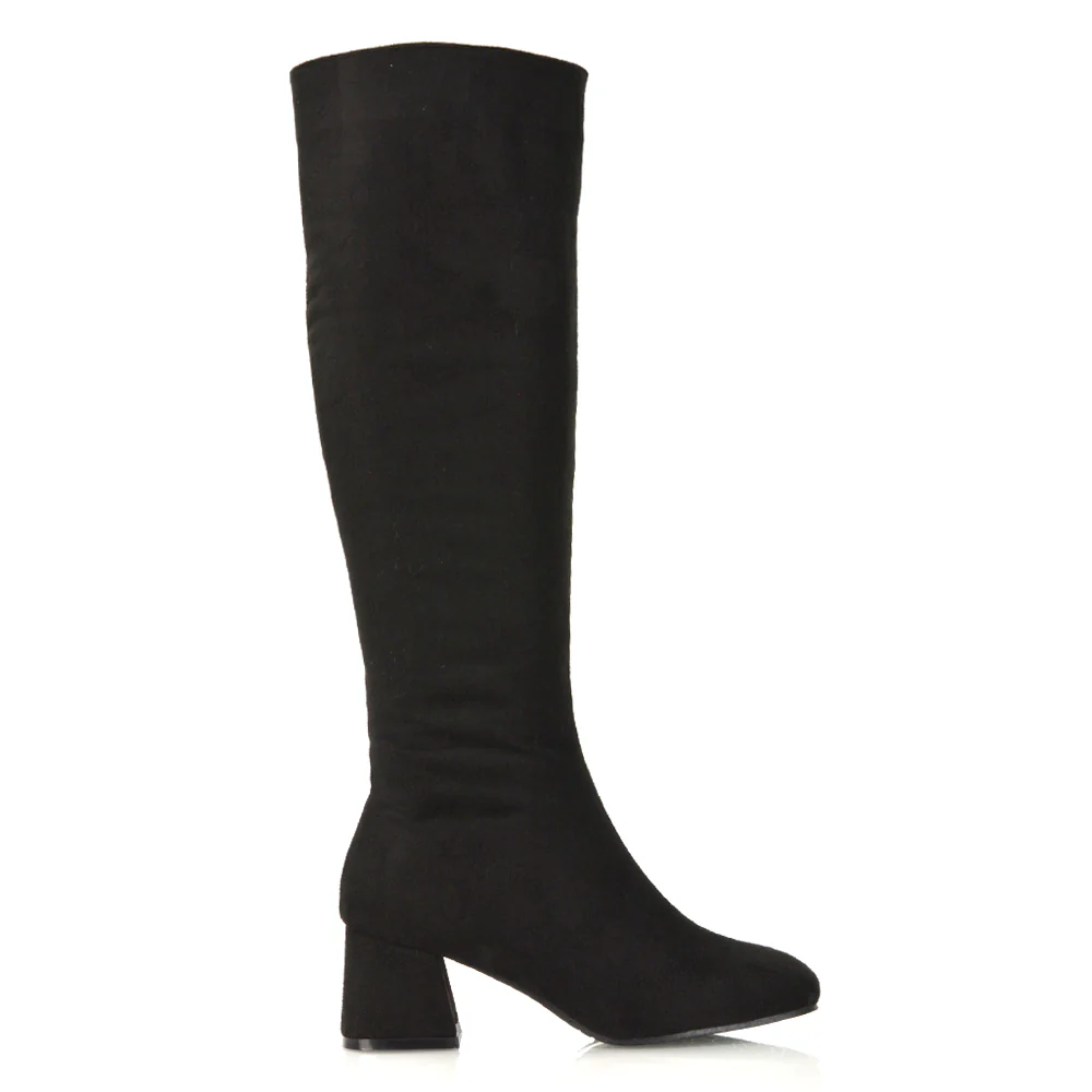 Kaia Flared Block High Heel Below The Knee High Boots With Heel in Black Synthetic Leather - Image 128