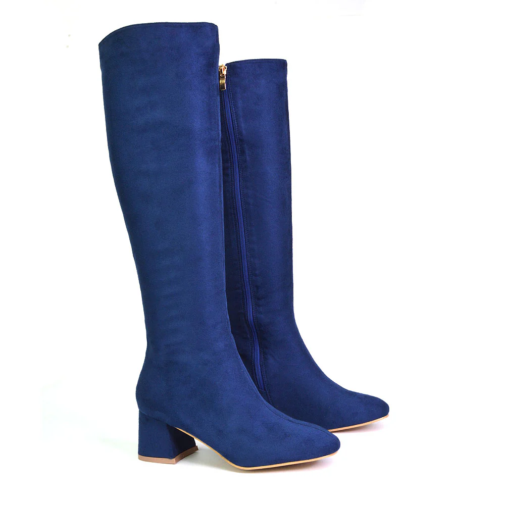 Kaia Flared Block High Heel Below The Knee High Boots With Heel in Black Synthetic Leather - Image 14