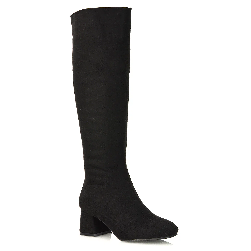 Kaia Flared Block High Heel Below The Knee High Boots With Heel in Black Synthetic Leather - Image 152