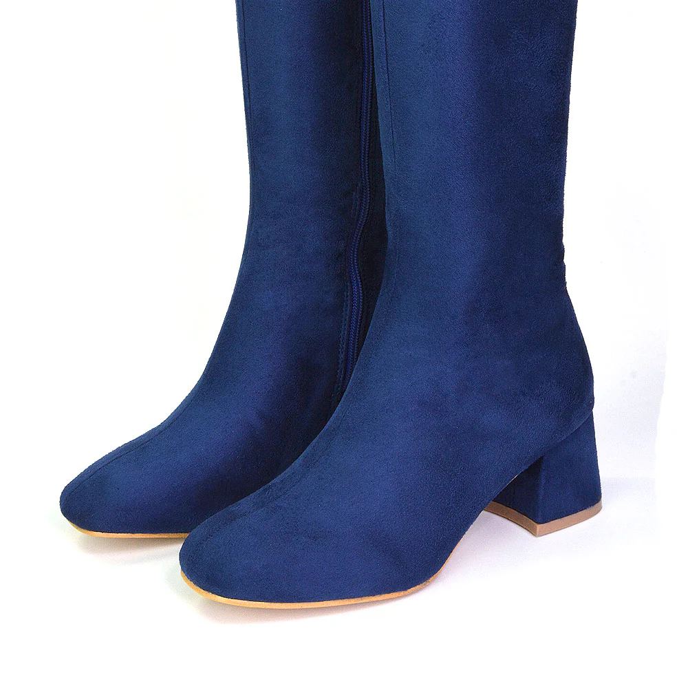 Kaia Flared Block High Heel Below The Knee High Boots With Heel in Black Synthetic Leather - Image 27