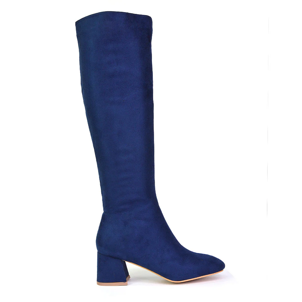 Kaia Flared Block High Heel Below The Knee High Boots With Heel in Black Synthetic Leather - Image 33