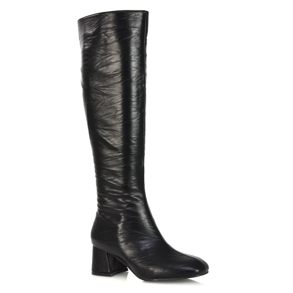 Kaia Flared Block High Heel Below The Knee High Boots With Heel in Black Synthetic Leather - Image 37