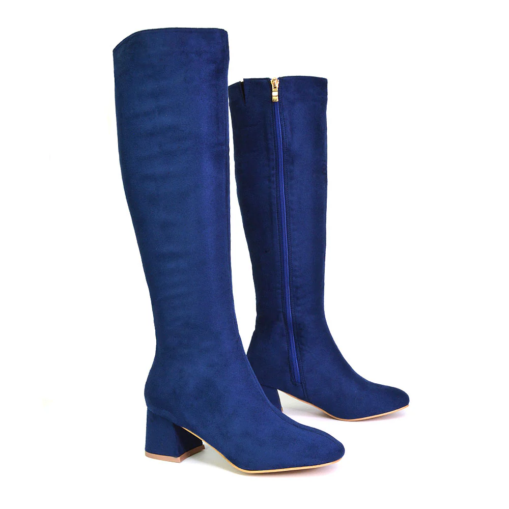 Kaia Flared Block High Heel Below The Knee High Boots With Heel in Black Synthetic Leather - Image 6