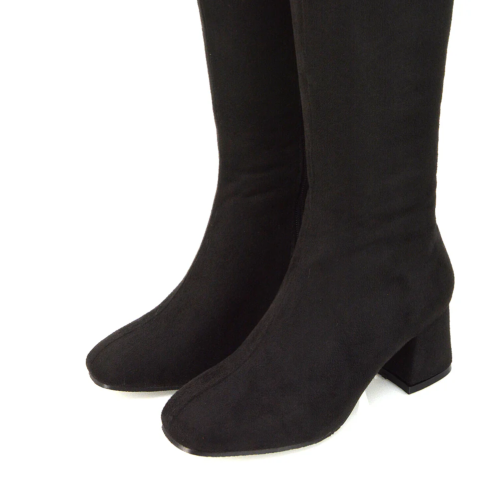 Kaia Flared Block High Heel Below The Knee High Boots With Heel in Stone Synthetic Leather - Image 104